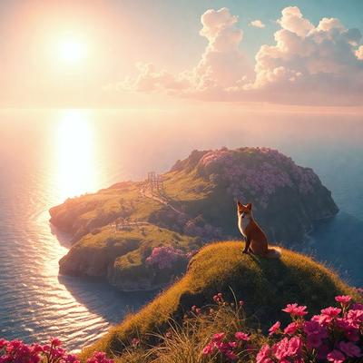 The primary subject of the image is a fox sitting on a grassy hillside. The setting is a beautiful landscape with a hill, a body of water, and a sunset in the background. The visual style is a combination of photo and digital art, creating a vibrant and lively atmosphere. The dominant colors are pink and green, with the pink flowers adding a touch of warmth and beauty to the scene.